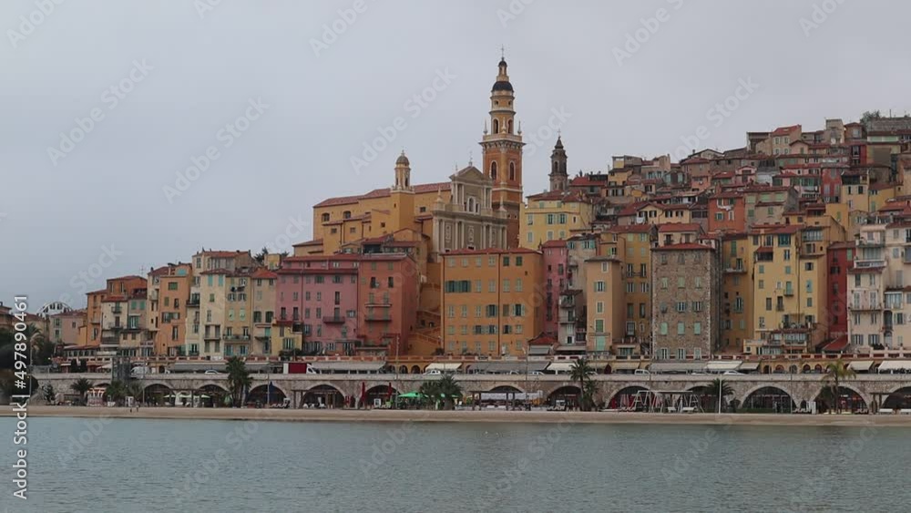 View of the promenade and the historic center of Menton on the French Riviera View of the promenade and the historic center of Menton on the French Riviera