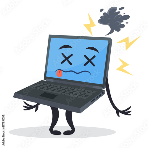 Broken laptop cartoon character with legs and hands vector flat illustration. Unwell computer virus