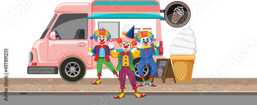 Clowns standing in front of icecream truck