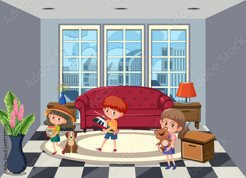 Living room scene with children cartoon character