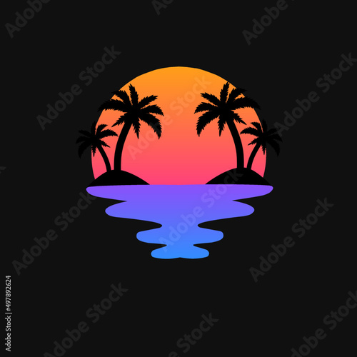Template logo silhouette Palm tree with sunset in the island