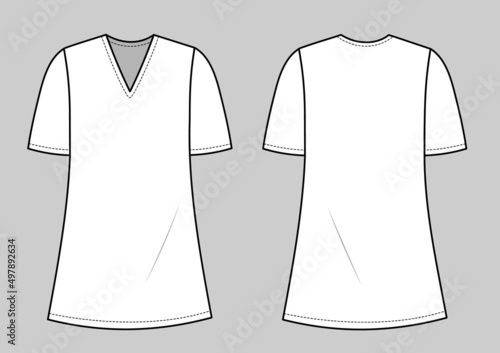 V-shape neckline with short sleeve t-shirt fashion flat template. Fashion technical illustration for communication in garment production unit.