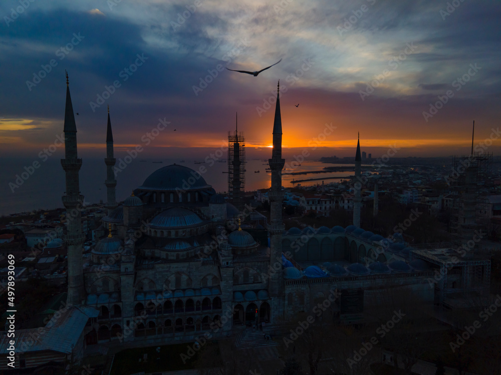 Sunset in the Blue Mosque and Hagia Sophia Mosque, Fatih Istanbul Turkey