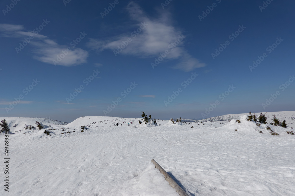 Spindleruv Mlyn, Czech Republic - March 19, 2022 - Golden Hill on the back of the Krkonose Mountains  