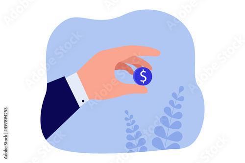 Businessmans hand holding dollar coin. Man giving cash money from wallet or bank account for payment, exchange or financial investment flat vector illustration. Salary, finance, economy concept