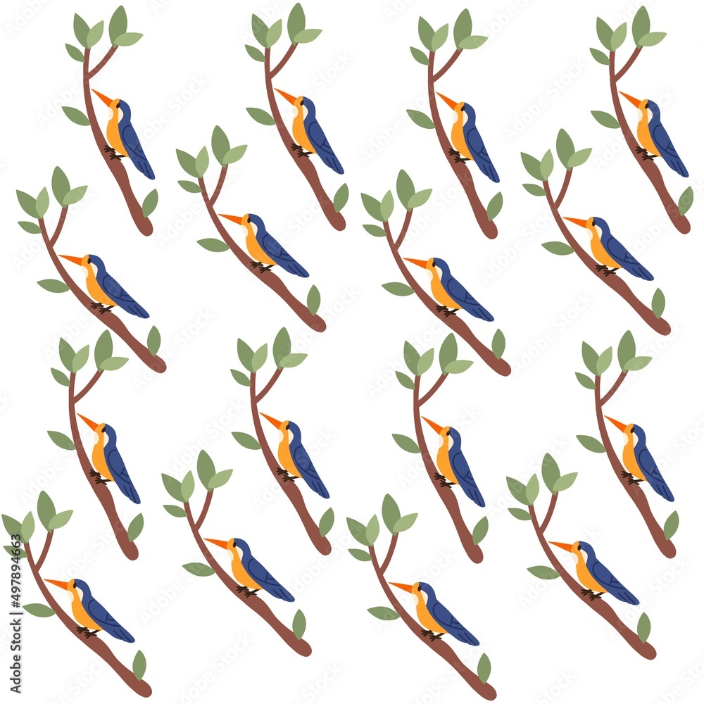Common kingfisher. Small tropical bird with blue and orange plumage. Alcedo atthis with bright feathers sitting on tree branch. Flat illustration isolated on white background Common kingfisher. Small tropical bird with blue and orange plumage. Alcedo atthis with bright feathers sitting on tree branch. Flat illustration isolated on white background