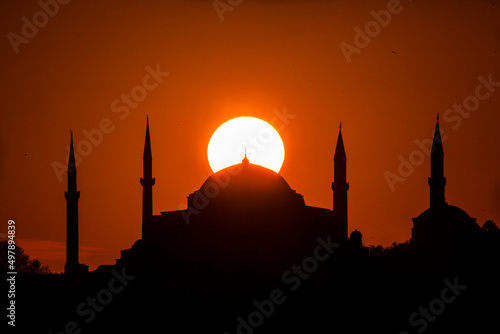 Sunset in the Blue Mosque and Hagia Sophia Mosque, Fatih Istanbul Turkey photo