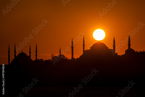 Sunset in the Blue Mosque and Hagia Sophia Mosque, Fatih Istanbul Turkey