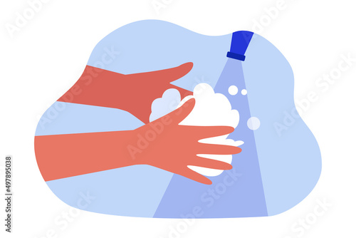 Poster with person washing hands with soap and water in sink. Hands cleaning instruction template flat vector illustration. Hygiene, coronavirus, safety concept for banner or landing web page