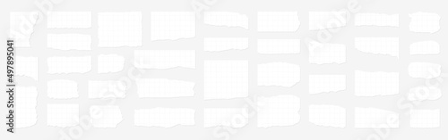 Collection of torn, ripped pieces of white color paper. Ripped paper strips. Vector illustration
