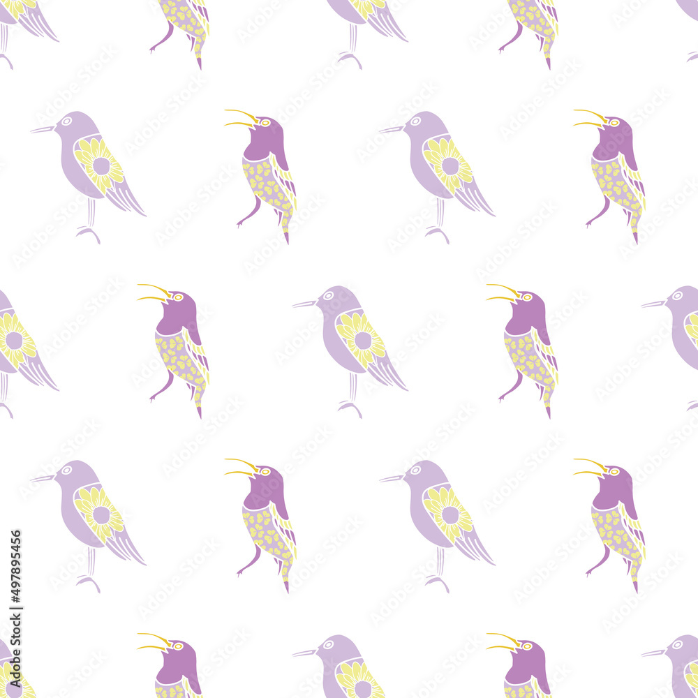 Vector purple yellow birds and flower horiztontal seamless pattern isolated on a white background. Print for bed linen. trend print for textiles and wallpaper Vector purple yellow birds and flower horiztontal seamless pattern isolated on a white background. Print for bed linen. trend print for textiles and wallpaper