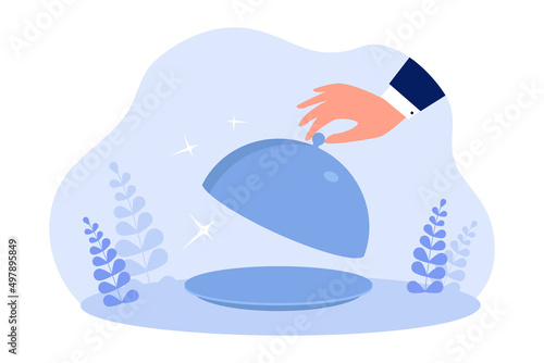 Hand of waiter holding lid from empty tray platter. Male restaurant worker or butler serving gourmet food for breakfast, lunch or dinner flat vector illustration. Luxury service, menu concept