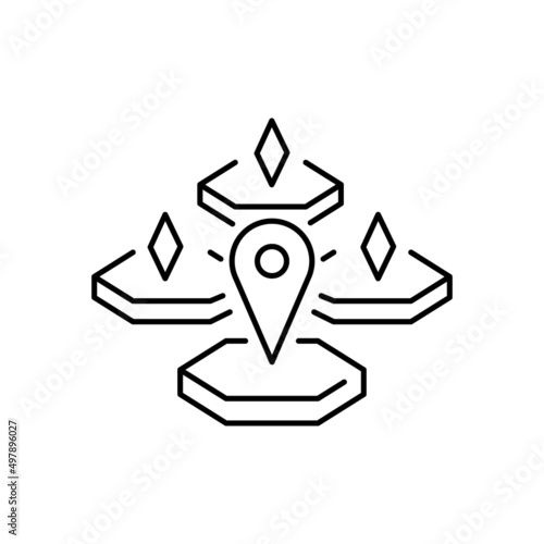 Shared digital world, metaverse development thin line icon. Virtual monitor or hologram. Pixel perfect, editable stroke. Vector illustration. Play online VR or virtual reality game. Level or location