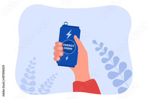 Human hand holding can package with cold energetic drink. Person drinking beverage with caffeine to boost power, strength and energy for sport flat vector illustration. Bar, lifestyle concept