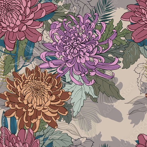 Floral vintage vector seamless pattern with vintage chrysanthemum seamless background for floral wallpaper, textile, fabric, poster, package. Vector batanic illustration