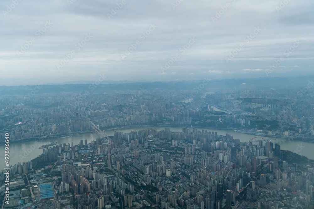 Aerial view of city of Chongqing and Yangtze river in China