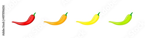 Chili pepper level indicator.
Very hot, medium, mild, low fire. Food with a spicy taste. Vector illustration
