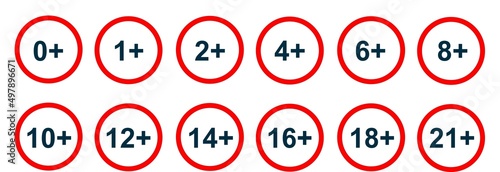 Age restriction icons set 0,2,4,6,8,10, 12, 14, 18, 16, 21 years old. Sign censorship, permission by year. Vector isolated illustration.