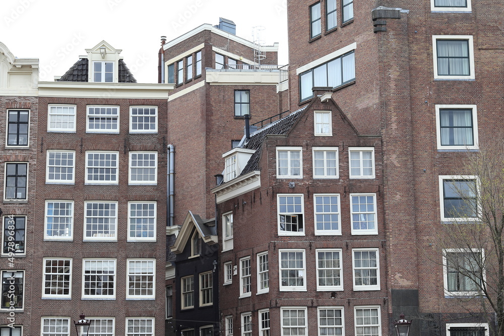 Amsterdam Singel Canal Old Brick Building Facades View, Netherlands