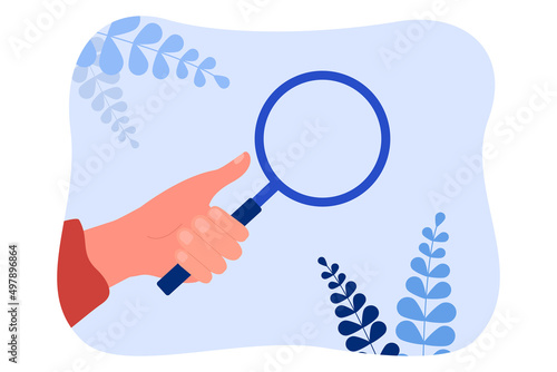 Human hand holding magnifying glass to search and find data. Work of person looking through loupe, inspecting information and ideas flat vector illustration. Scientific research, discovery concept