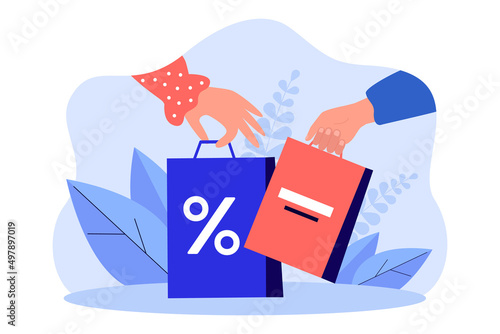 Hands holding shopping bags with sale symbol. Special offer in shop or store, discount or gift flat vector illustration. Delivery, online shopping concept for banner, website design or landing page
