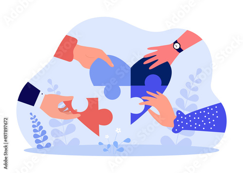 Hands of people forming heart from puzzle pieces. Human relationship metaphor flat vector illustration. Hope, friendship, teamwork concept for banner, website design or landing web page