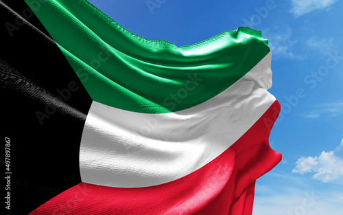Kuwait Flag is Waving Against Blue Sky with Clouds