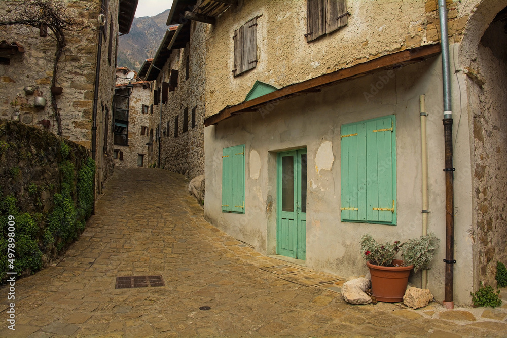 Fototapeta premium Historic residential buildings in Poffabro, a medieval village in the Val Colvera valley in Pordenone province, Friuli-Venezia Giulia, north east Italy 