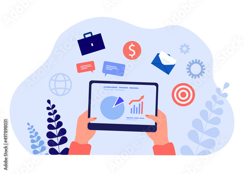 Hands holding tablet with business plan or statistics on screen. Time or money management, budget planning flat vector illustration. Strategy, success concept for banner or landing web page