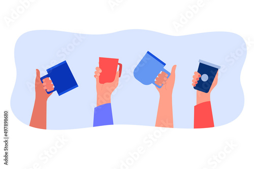 Hands holding cups or mugs of coffee or tea. People drinking hot drinks together flat vector illustration. Communication, care, pottery, concept for banner, website design or landing web page