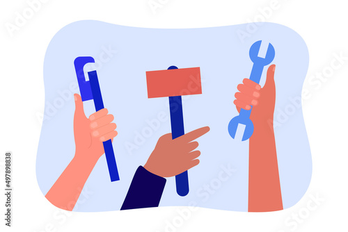 Hands of repair workers holding hammer, spanner and wrench. Work of people with mechanical tools on improvement and building renovation flat vector illustration. Maintenance service, support concept