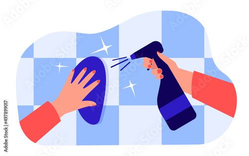 Hands cleaning surface with wipe and spray. Person spraying, disinfecting and wiping tiles flat vector illustration. Hygiene, cleaning service concept for banner, website design or landing web page