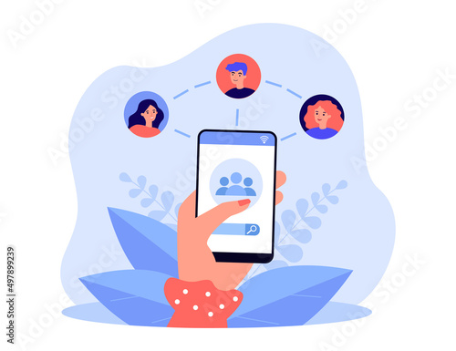Hand holding smartphone with group chat on screen. Video call via mobile phone flat vector illustration. Social network, communication concept for banner, website design or landing web page