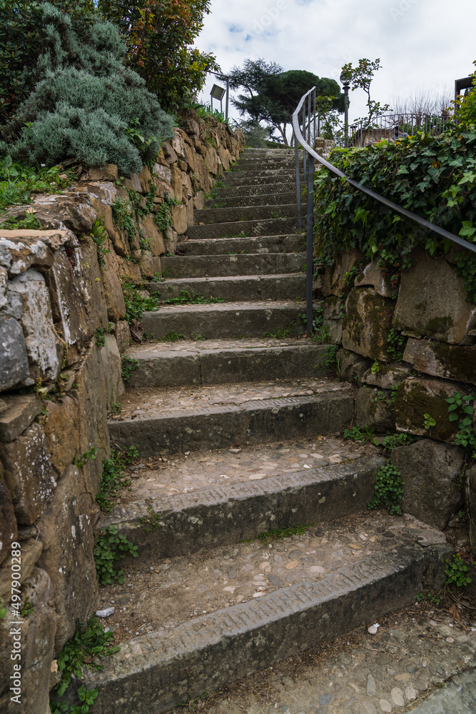 old medieval stone staircase with musk 