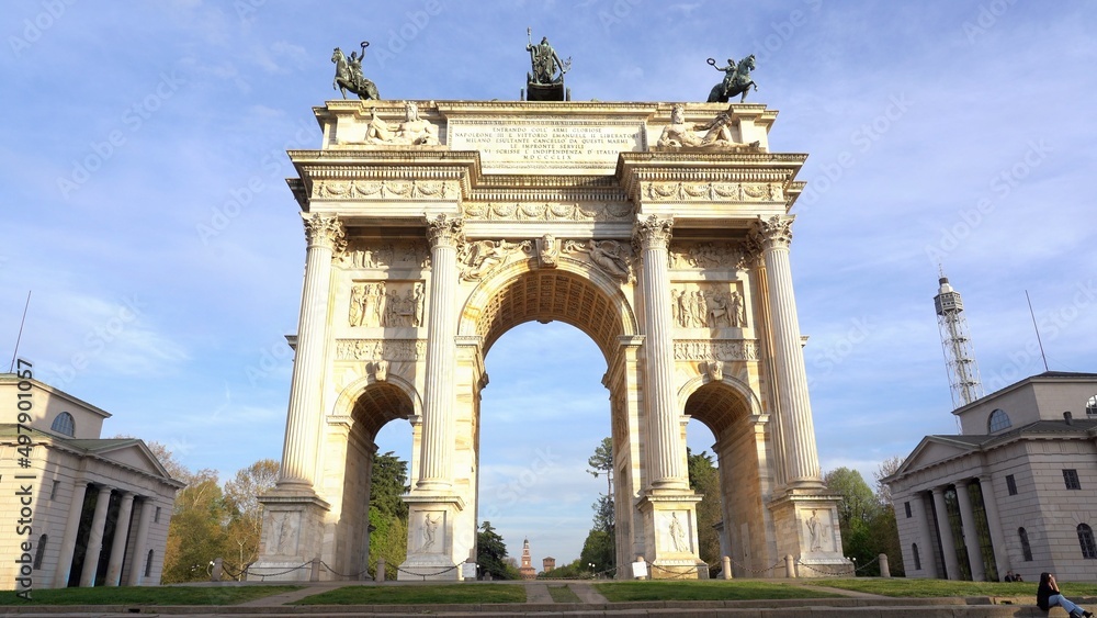 Europe, Italy , MIlan April 2022 - Arch of Peace ( Arco della Pace )  after  finish of lockdown due Covid-19 Coronavirus epidemic -  tourist coming to visit the art and sightseeing in  city downtown