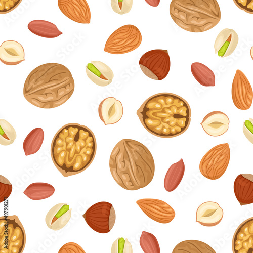 Nuts vector background. Seamless pattern with walnut, peanut, pistachio, almond and hazelnut on white. Cartoon flat illustration.