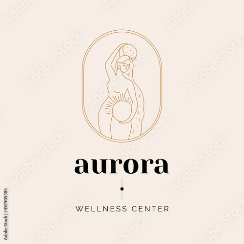 Esoteric Logo and brand elements template illustration in simple minimal linear style in nude color. Beautiful female figure, modern feminine art