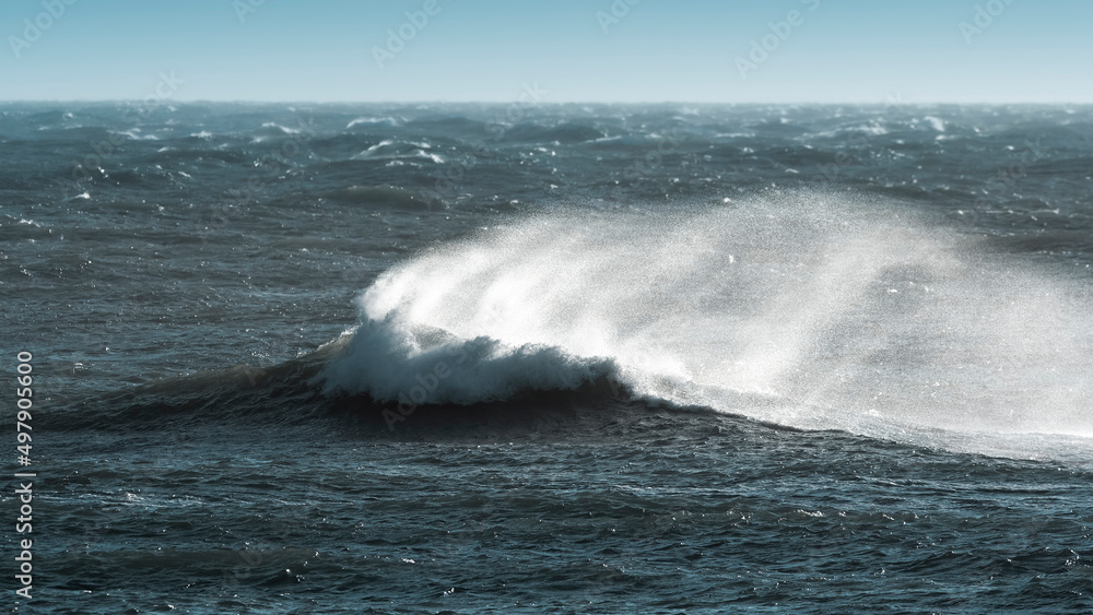 Naklejka premium Waves with strong wind after a storm, Patagonia, Argentina.