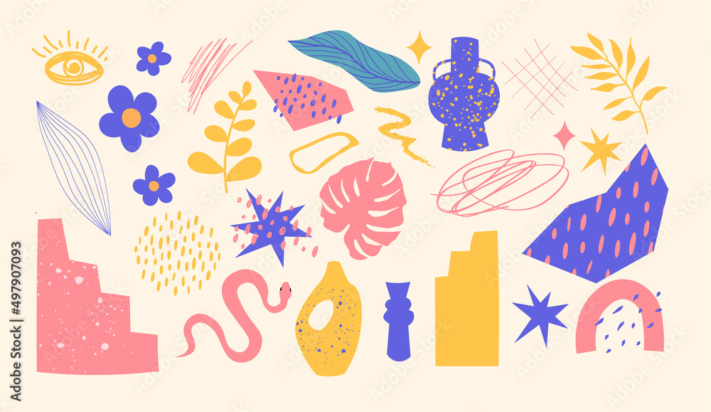 The huge set of hand-drawn various shapes and doodle objects. Abstract contemporary Mid-Century modern art trendy vector illustration. The huge set of hand-drawn various shapes and doodle objects. Abstract contemporary Mid-Century modern art trendy vector illustration.