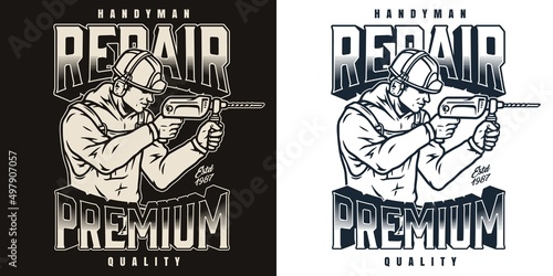 Repairman with drill monochrome logotype