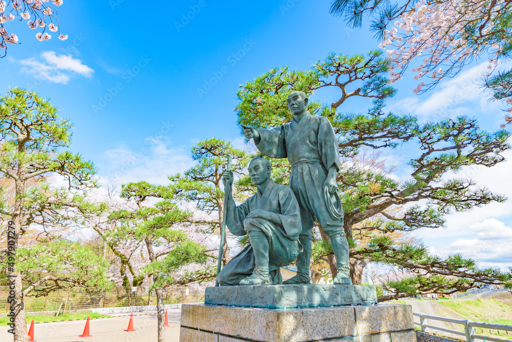 Statue of Tamagawa Brothers in Hamura, Tokyo, Japan Statue of Tamagawa Brothers in Hamura, Tokyo, Japan