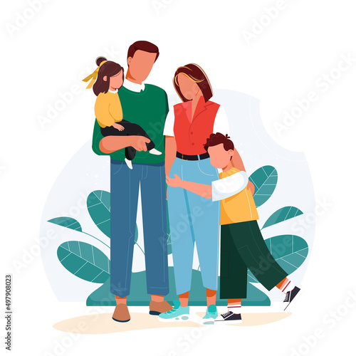 Happy family with kids. Family lifestyle concept. Portrait of happy parents with children, mother and father isolated on white background. Cute vector illustration in flat style. Happy childhood.