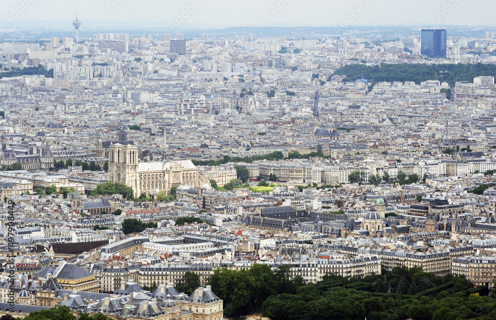 Aerial View of Paris, France.Beautiful aerial cityscape of Paris, France seen from Montparnasse skyscraper.Notre Dame de Paris.