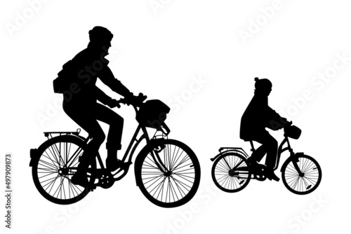 Two cyclist silhouette isolated on white background. Little girl riding bicycle with father. Biker family outdoor in bike driving. Urban leisure activities. People ride bicycles. Vector illustration