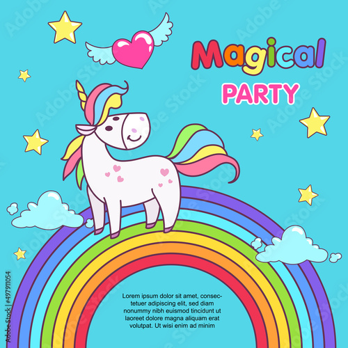 Birthday party with unicorn design template. Happy fairy tale pony on the rainbow. Best for invitations, flyers and posters. Vector illustration.