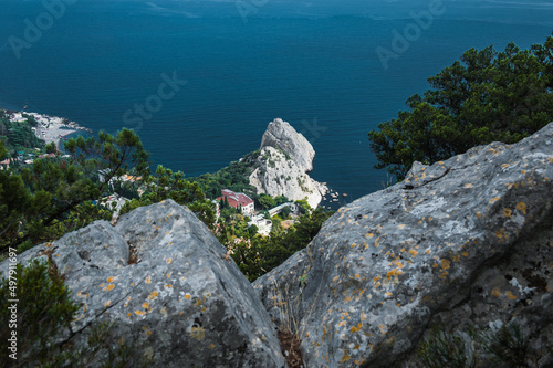 Koshka Rock on shining sea background. Simeiz town, Crimea, Russia