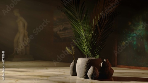 3D rendering of a still life scene with plants in stone vases inside an inviting home gallery