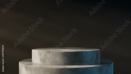 3D rendering of a marble stone pedestal isolated for product display illuminated by warm light rays