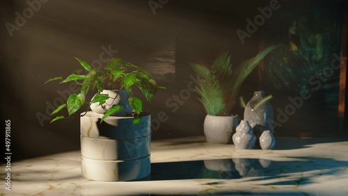 3D rendering of a Pothos plant on a display pedestal in an inviting home gallery with lush green plants