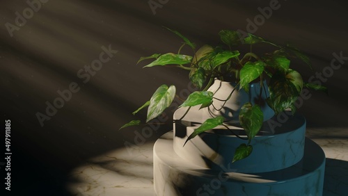 3D rendering of a Pothos plant on a display pedestal in an inviting home gallery with lush green plants